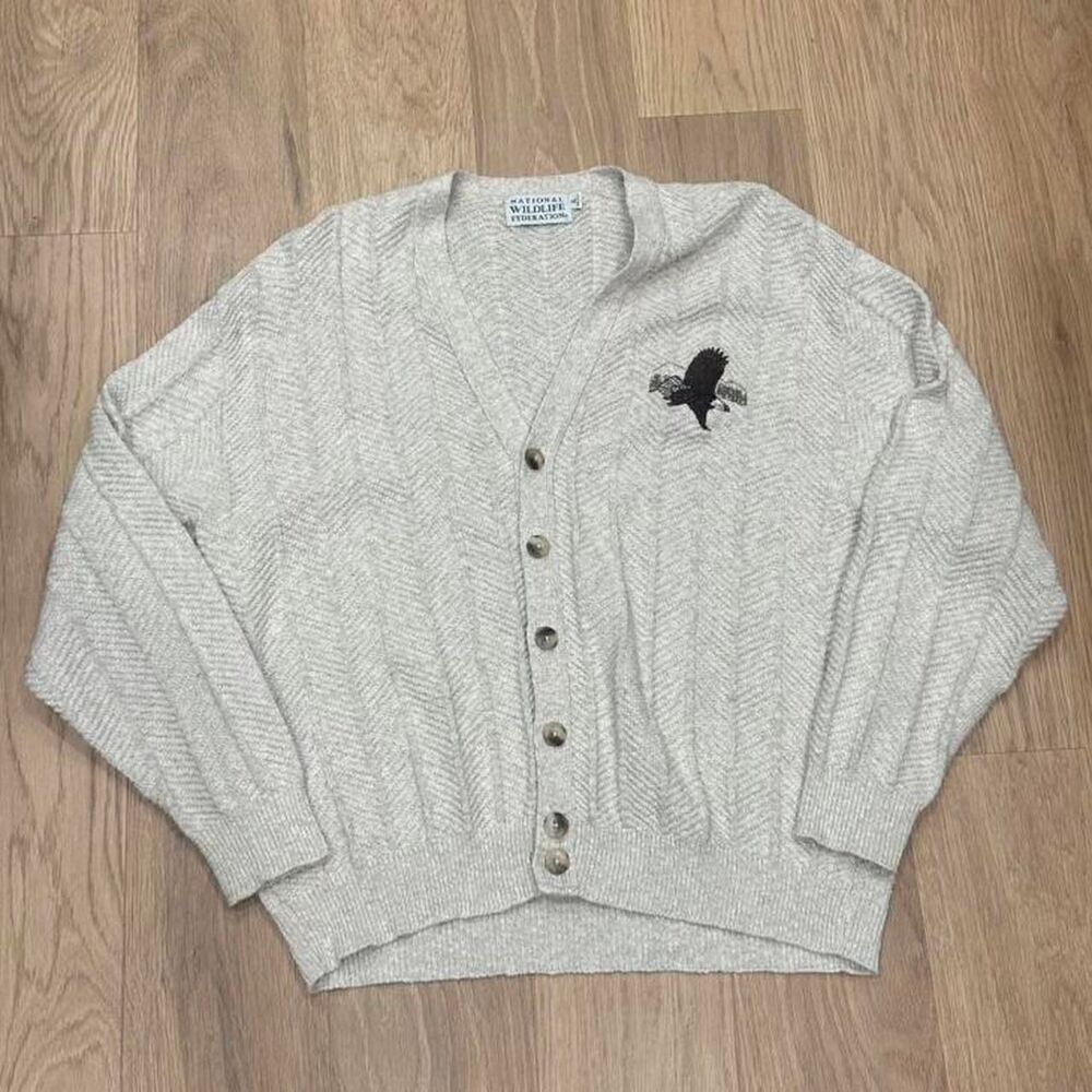 National Wildlife Federation Mens XL Eagle Cardigan Sweater Embroidered Beige